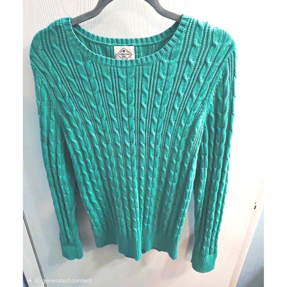 St. John's Bay Cable Knit Crewneck Pullover Sweater Womens Green L Cotton Nylon